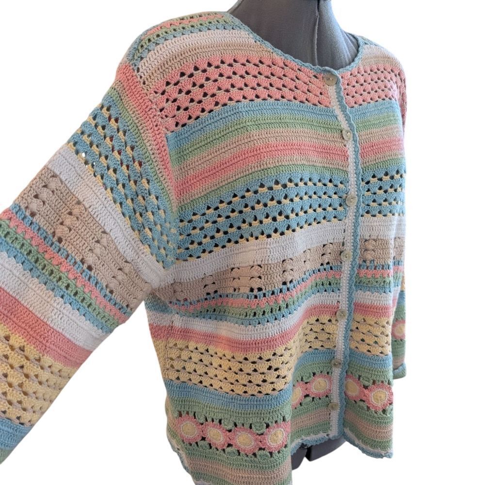Vintage Koret Pastel Multicolor Striped Crochet‎ Women's Sweater XL